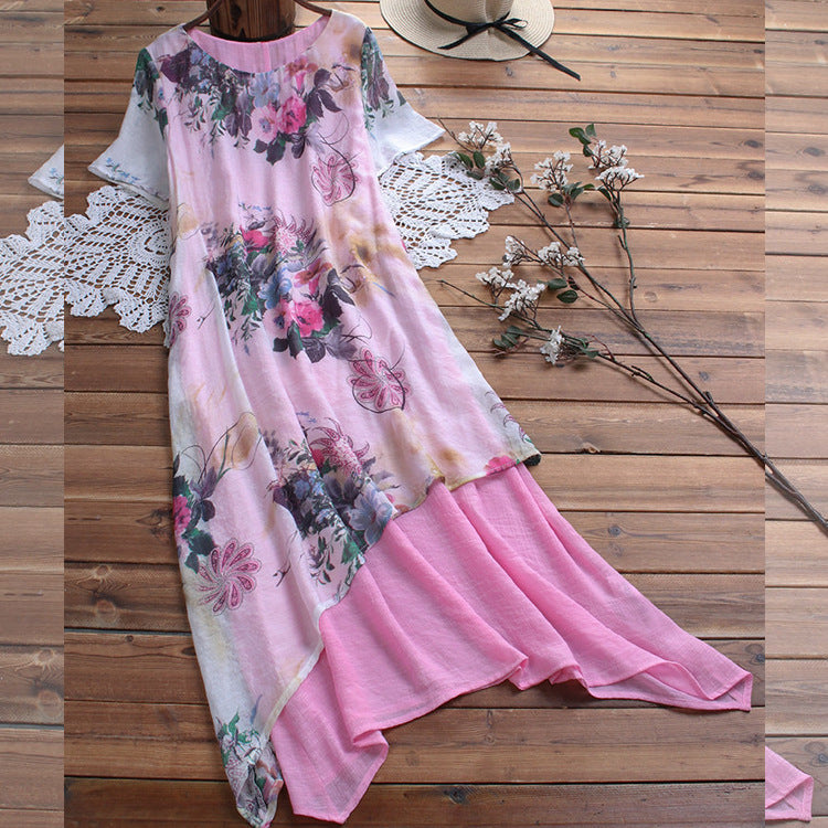 Dress Summer new cotton and linen loose printed mid-length fake two-piece plus size women's long dress