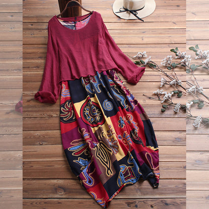 Women's floral fake two piece dress loose large size casual printed solid color midi skirt