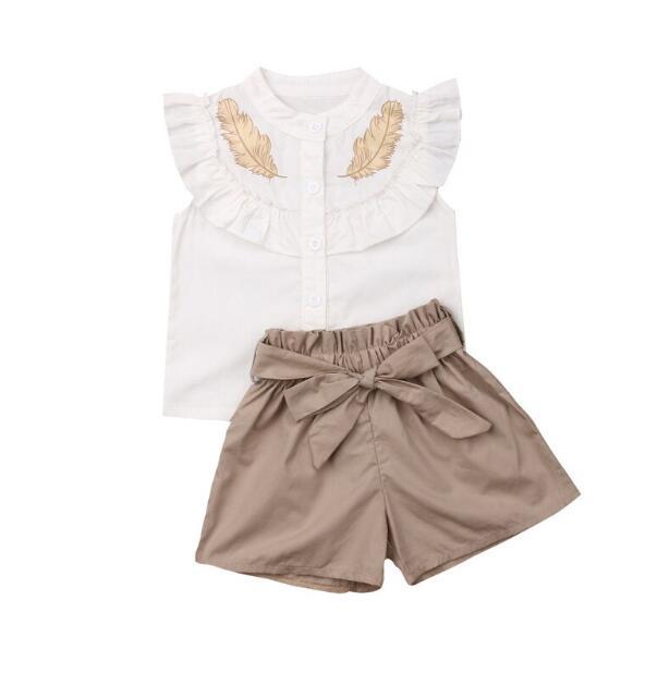 Summer new girls&#039; suit children&#039;s baby lotus leaf collar sleeveless+shorts belt set of 2 0.15kg