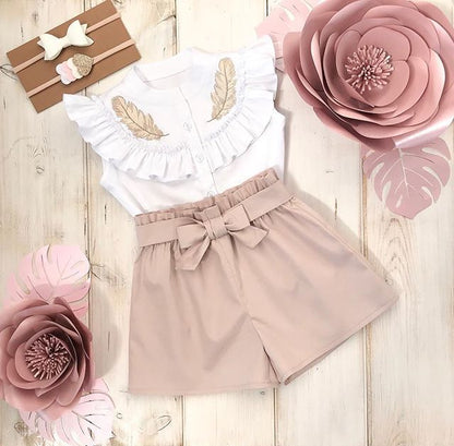 Summer new girls&#039; suit children&#039;s baby lotus leaf collar sleeveless+shorts belt set of 2 0.15kg