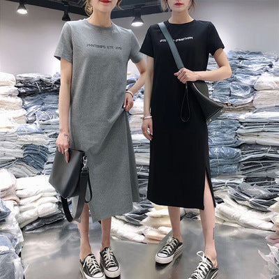 A Korean version of summer short-sleeved split-ended dress casual women's belly cover large size loose medium and long T-shirt knee skirt