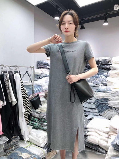 A Korean version of summer short-sleeved split-ended dress casual women's belly cover large size loose medium and long T-shirt knee skirt