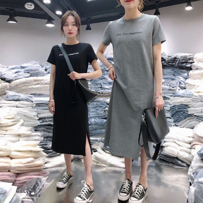 A Korean version of summer short-sleeved split-ended dress casual women's belly cover large size loose medium and long T-shirt knee skirt