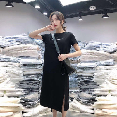 A Korean version of summer short-sleeved split-ended dress casual women's belly cover large size loose medium and long T-shirt knee skirt