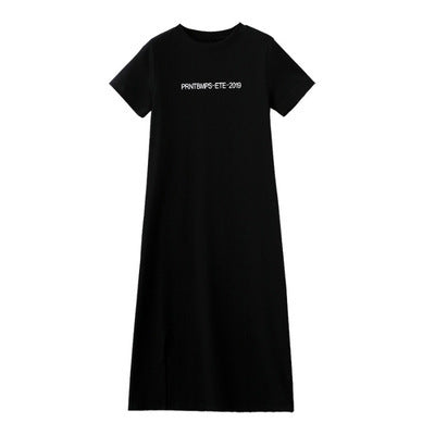 A Korean version of summer short-sleeved split-ended dress casual women's belly cover large size loose medium and long T-shirt knee skirt