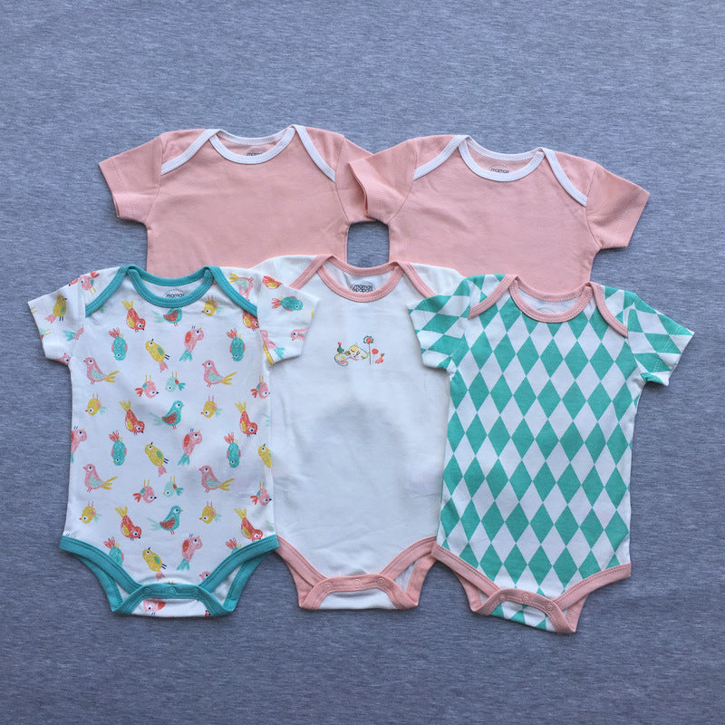 Foreign trade baby onesies, male and female baby short-sleeved bag fart clothes, newborns, Ha clothes, thin crawling clothes, summer 5 pieces