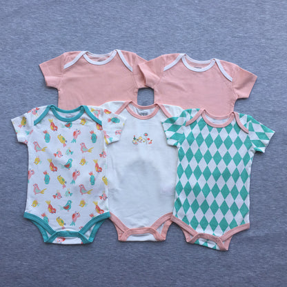 Foreign trade baby onesies, male and female baby short-sleeved bag fart clothes, newborns, Ha clothes, thin crawling clothes, summer 5 pieces