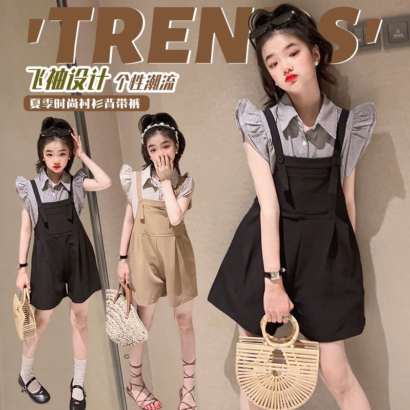 P Girls&#039; Suit 2024 New Summer Dress Western-style girls&#039; suspenders and girls&#039; children&#039;s summer clothes are fashionable.