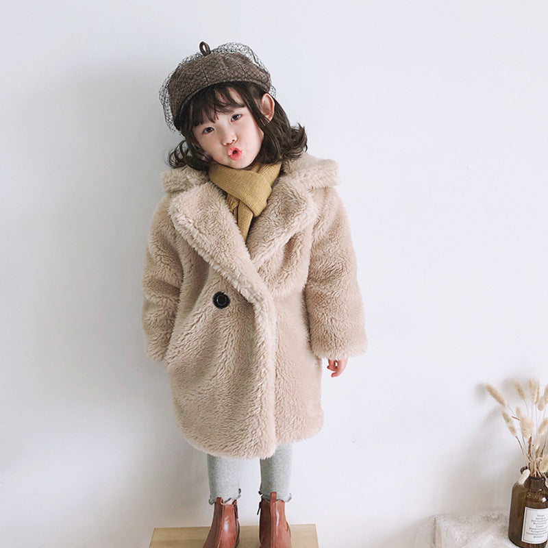 A Autumn and winter new children's clothing girls imitation fur coat medium and older children's cotton coat granular fleece wool coat baby cotton coat