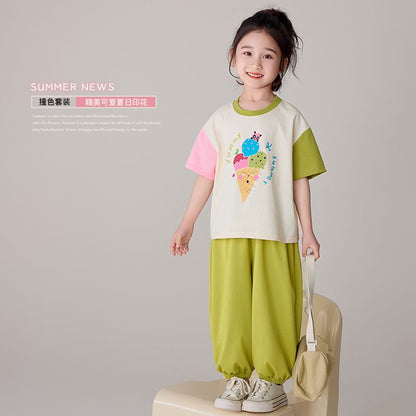 P Ohm Bear Girl Color Contrast Set 2024 Summer New Girl Thin Casual Sports Two Piece Set with Western Style