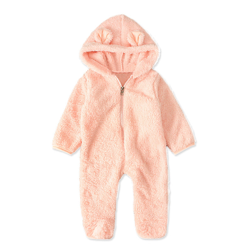 A Men, women and children, European and American spring and autumn winter cute solid color hooded fleece thickened foot-wrapped one-piece Romper children's clothing ins