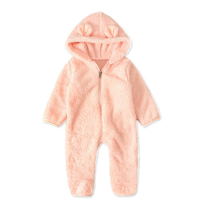 A Men, women and children, European and American spring and autumn winter cute solid color hooded fleece thickened foot-wrapped one-piece Romper children's clothing ins