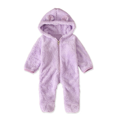 A Men, women and children, European and American spring and autumn winter cute solid color hooded fleece thickened foot-wrapped one-piece Romper children's clothing ins