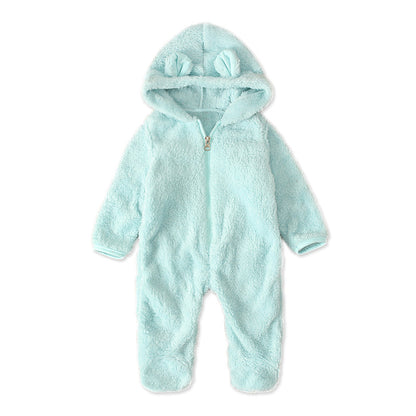 A Men, women and children, European and American spring and autumn winter cute solid color hooded fleece thickened foot-wrapped one-piece Romper children's clothing ins