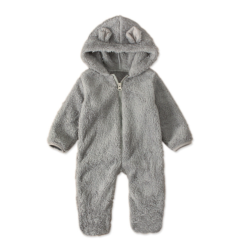 A Men, women and children, European and American spring and autumn winter cute solid color hooded fleece thickened foot-wrapped one-piece Romper children's clothing ins