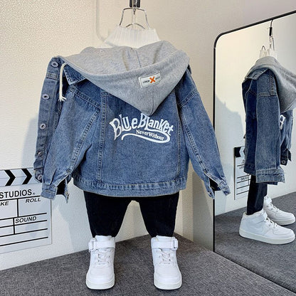 P boys denim jacket spring and autumn fried street top 2024 new foreign style medium and old children's hooded loose boys clothes