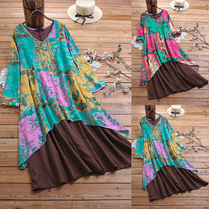 Summer dress mid-length ethnic style retro long dress cotton and linen three-quarter V-neck irregular skirt dress plus size