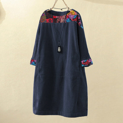 Large size printed dress spring 2023 new three-quarter sleeve corduroy women's clothing