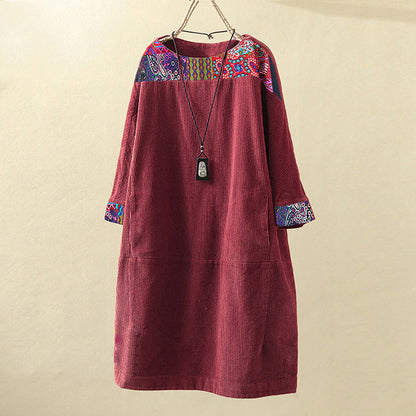 Large size printed dress spring 2023 new three-quarter sleeve corduroy women's clothing