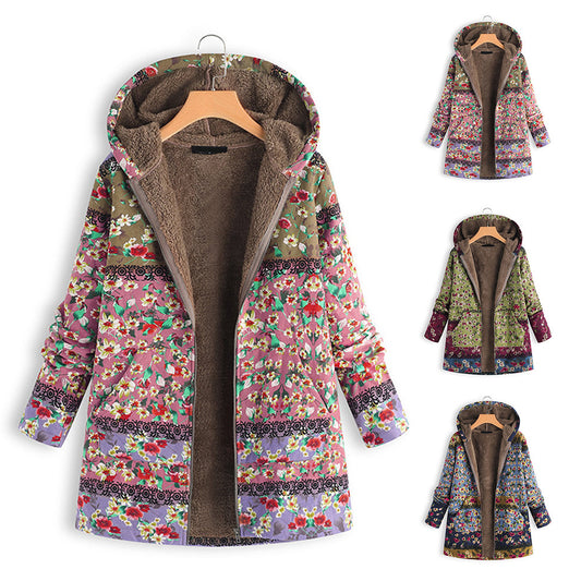 Women's sweatshirt autumn and winter printed casual large size hooded warm jacket for women