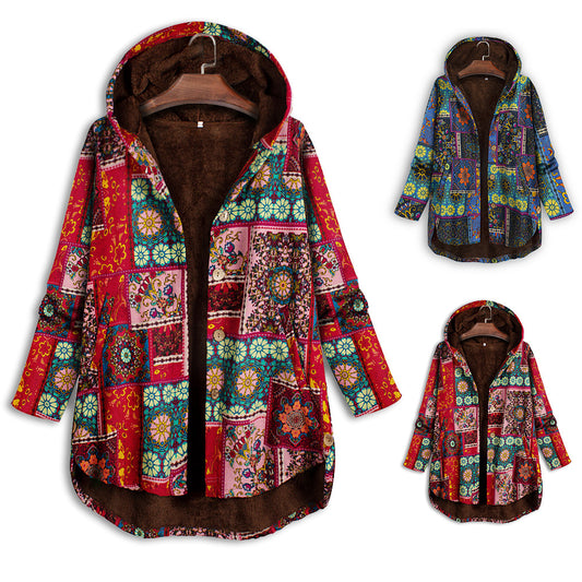 Winter cotton and linen plus velvet hooded loose mid-length cotton coat for women