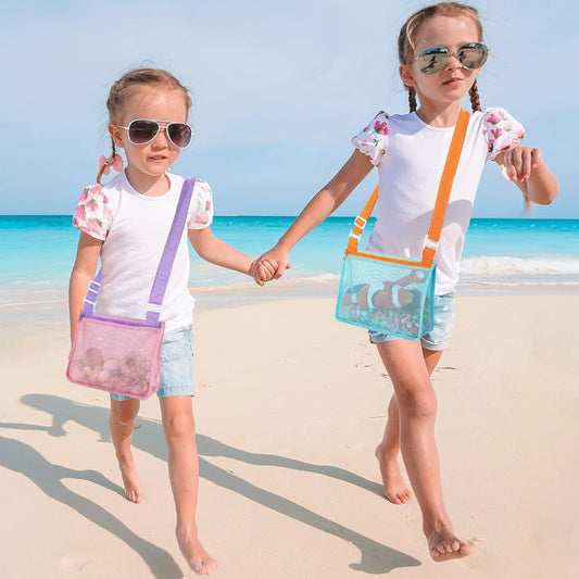 Bolsa de red para niños, bolsa de almacenamiento de malla con cremallera para juguetes de playa, correa de hombro ajustable colorida de mano, mochila de playa para almacenamiento