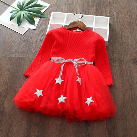 Vestido de malla de punto coreano con lazo, vestido de princesa, vestido de festival para niños, 0,2 kg 