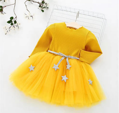 Vestido de malla de punto coreano con lazo, vestido de princesa, vestido de festival para niños, 0,2 kg 