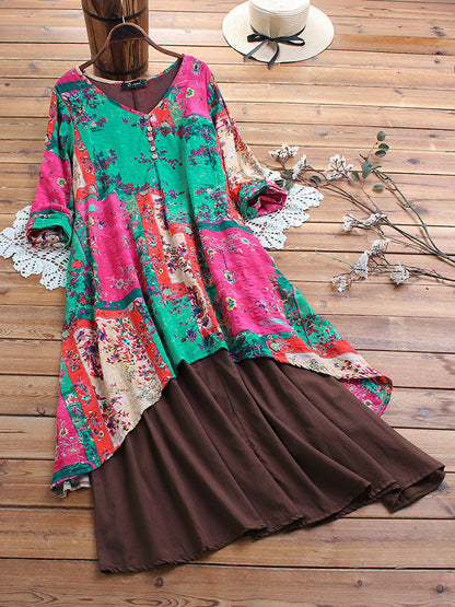 Summer dress mid-length ethnic style retro long dress cotton and linen three-quarter V-neck irregular skirt dress plus size