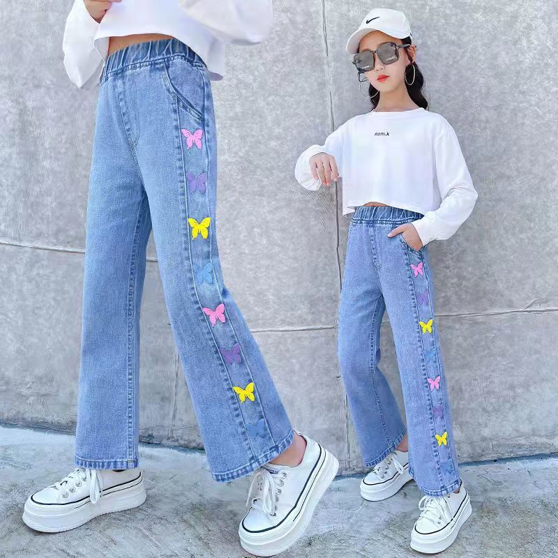 P girls spring and autumn jeans wide-leg pants 2024 new girls Korean version loose fashion foreign style middle-aged pants tide