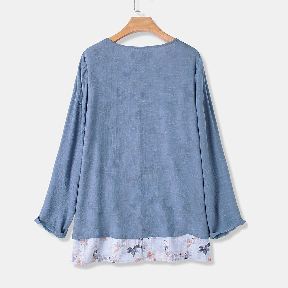 Blusa de manga larga con estampado floral de dos piezas falsas 