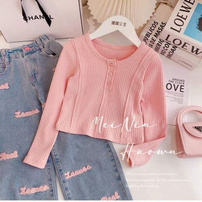 Girls' Set Spring and Autumn New Korean Edition Fashionable Girl Long sleeved Round Neck Waist Top Jeans Two Piece Set