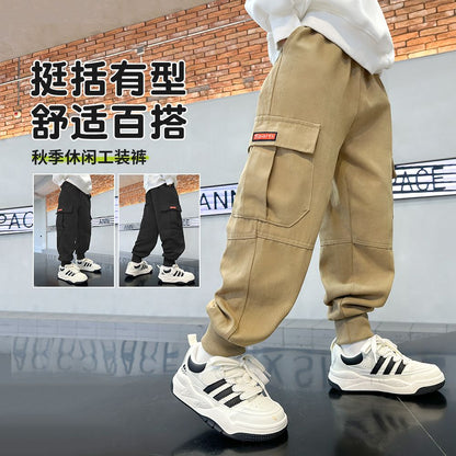 P boys pure cotton pants 2024 older children's spring and autumn new casual overalls autumn thin handsome cotton trousers tide