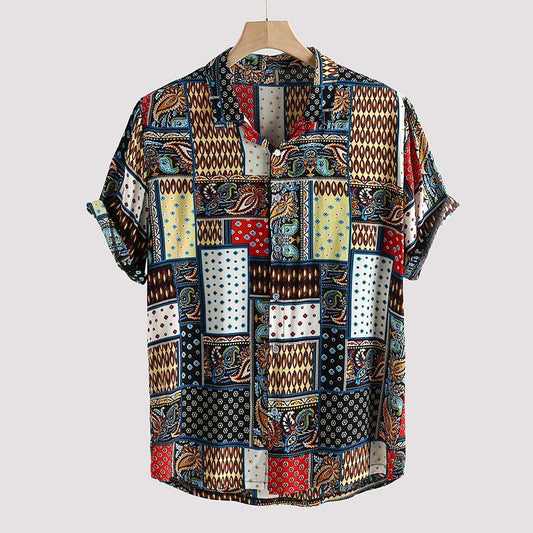 A cross-border ethnic style summer new men's beach shirt linen printed short sleeved shirt