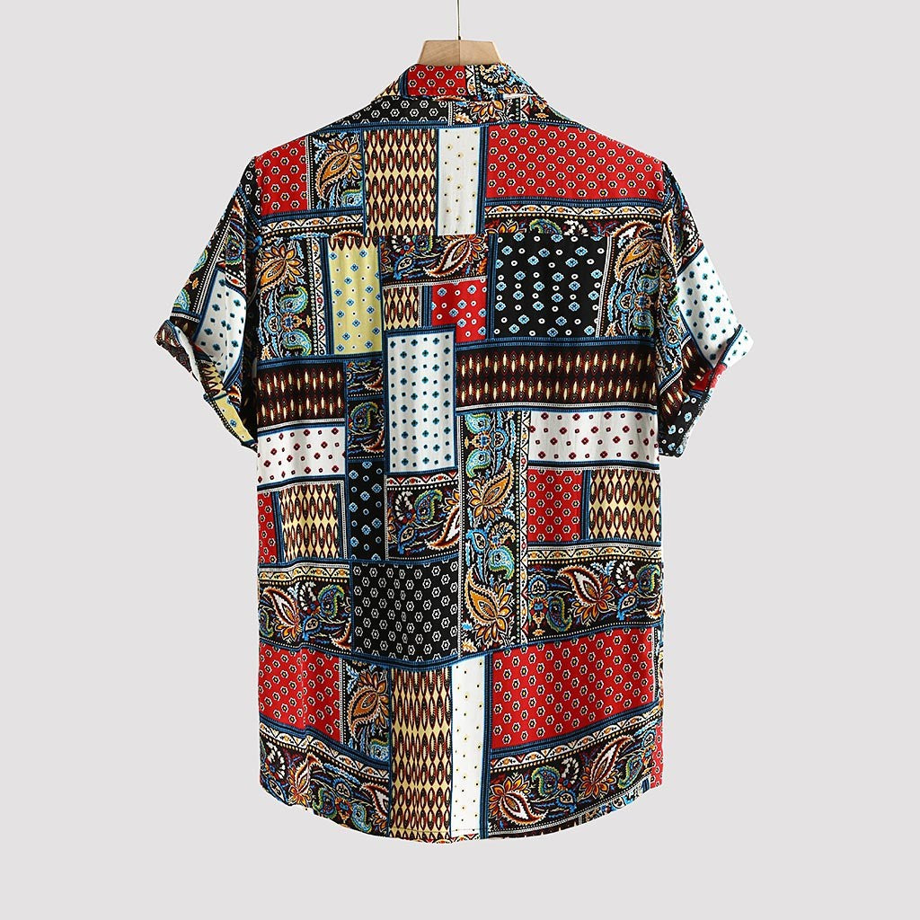 A cross-border ethnic style summer new men's beach shirt linen printed short sleeved shirt