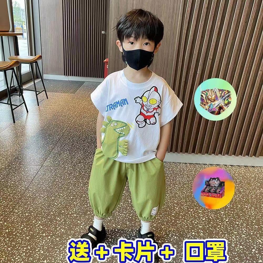 P 2024 New Boys' Summer Outman Luminous T-shirt Short sleeved Superman Outman Clothes Set of Western Style Set