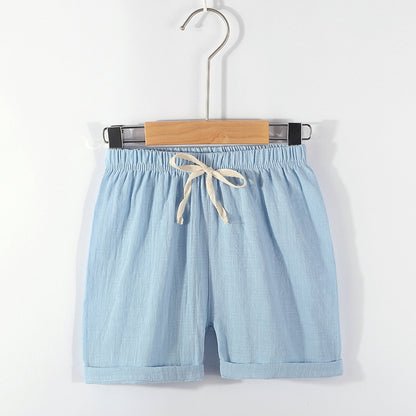 Pantalones cortos para niños: pantalones de playa finos de verano con tiras para niños, pantalones deportivos casuales holgados de algodón y lino de color sólido para niñas 