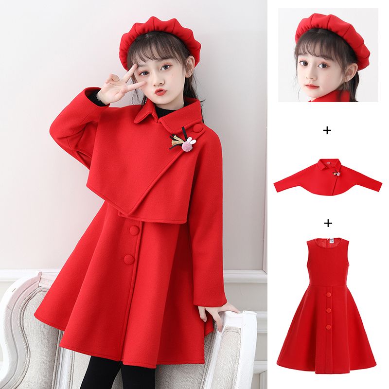 Girls' dresses, autumn and winter woolen shawls, two-piece skirts, medium and large children's princess dresses, winter fleece suits