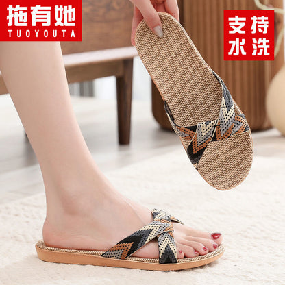 P Korean cute linen slippers summer ladies indoor non-slip sandals soft-soled household mute couple sandals and slippers women