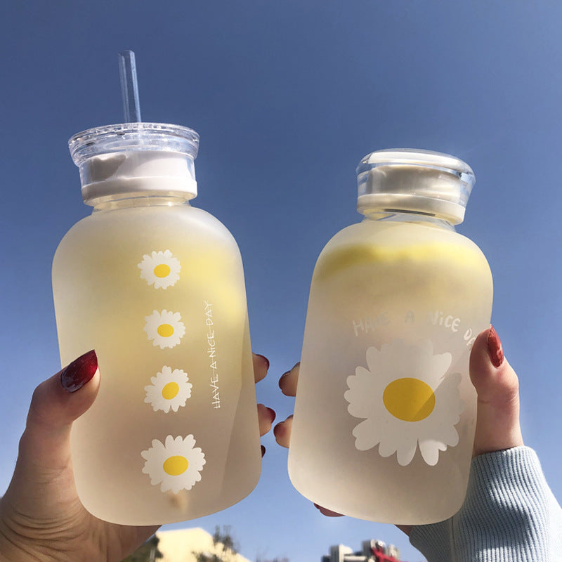 Una taza de vidrio de borosilicato de alta calidad con tapa doble de verano, resistente a altas temperaturas, taza de agua con pajita graduada, taza esmerilada Daisy, venta al por mayor 