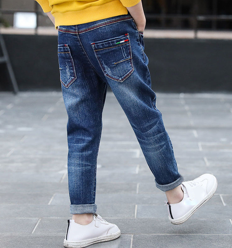 New children's clothing, children's pants, boys' torn jeans, spring and autumn clothing, cotton sports and fashion pants, 0.35kg