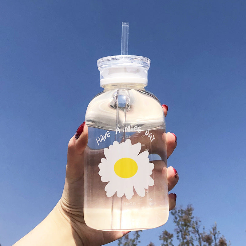 Una taza de vidrio de borosilicato de alta calidad con tapa doble de verano, resistente a altas temperaturas, taza de agua con pajita graduada, taza esmerilada Daisy, venta al por mayor 