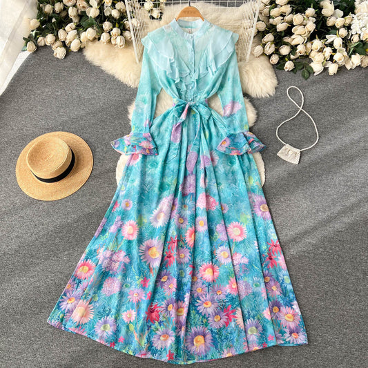 P Spring and Autumn Design Feeling Ruffle Edge Standing Neck Lantern Sleeve Printed Dress Female First Love Fairy Kikyu French Long Dress