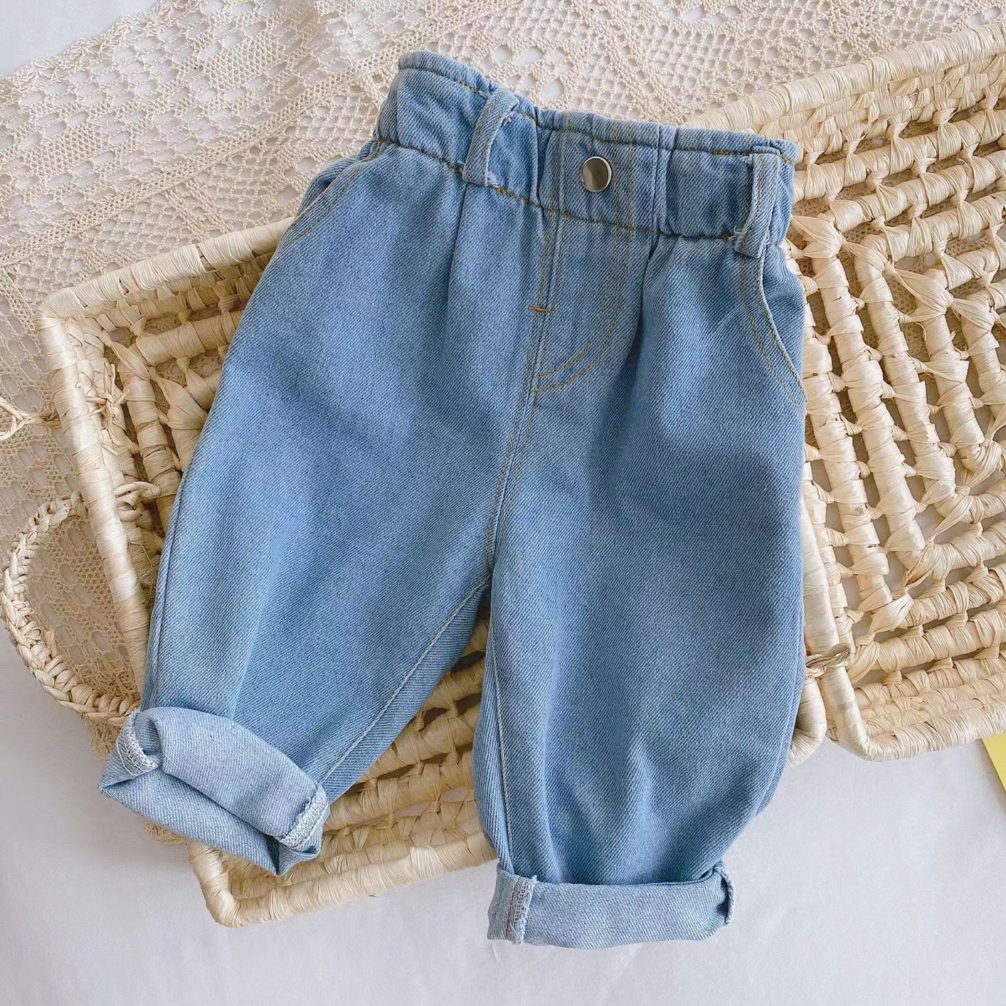 P baby pants 0-3 years old baby soft jeans spring boys and girls Korean version solid color casual high waist large PP pants