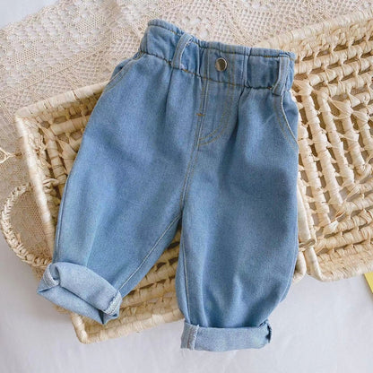 P baby pants 0-3 years old baby soft jeans spring boys and girls Korean version solid color casual high waist large PP pants