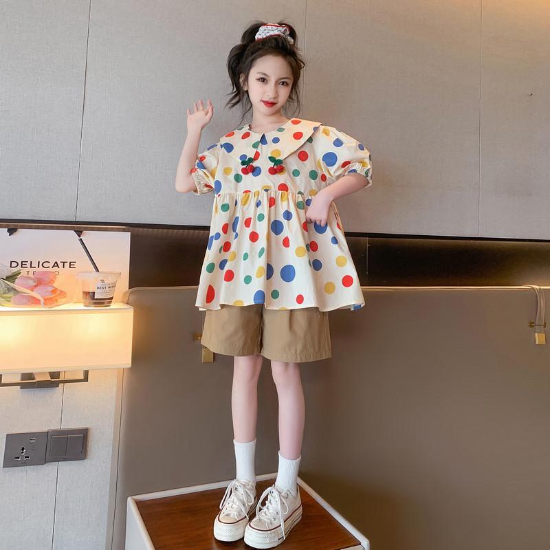 P girls summer suit, little girls new summer doll shirt, short sleeved, fashionable, casual shorts, two-piece set, trendy