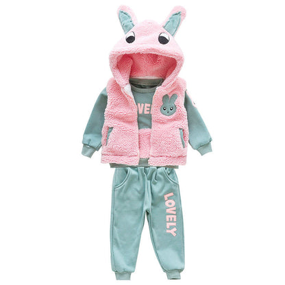 P baby girl 1 year old baby girl 3 children's clothing fleece thickened boys sweater three-piece set children's winter warm jacket set