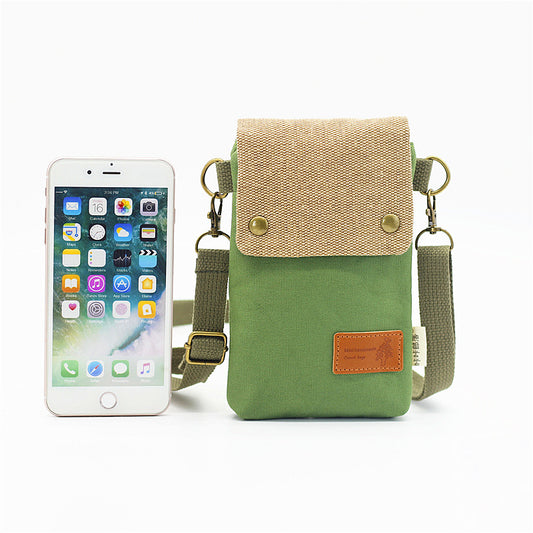 Solid color canvas 3-layer cross-body mobile phone bag, simple fabric women's bag, wallet