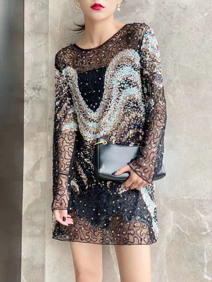 A Spring/Summer 2024 New Fashion Temperament Heavy Industry Embroidery Sequin Dress French Lace Dress