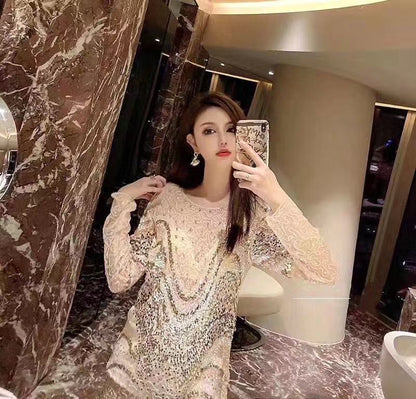 A Spring/Summer 2024 New Fashion Temperament Heavy Industry Embroidery Sequin Dress French Lace Dress